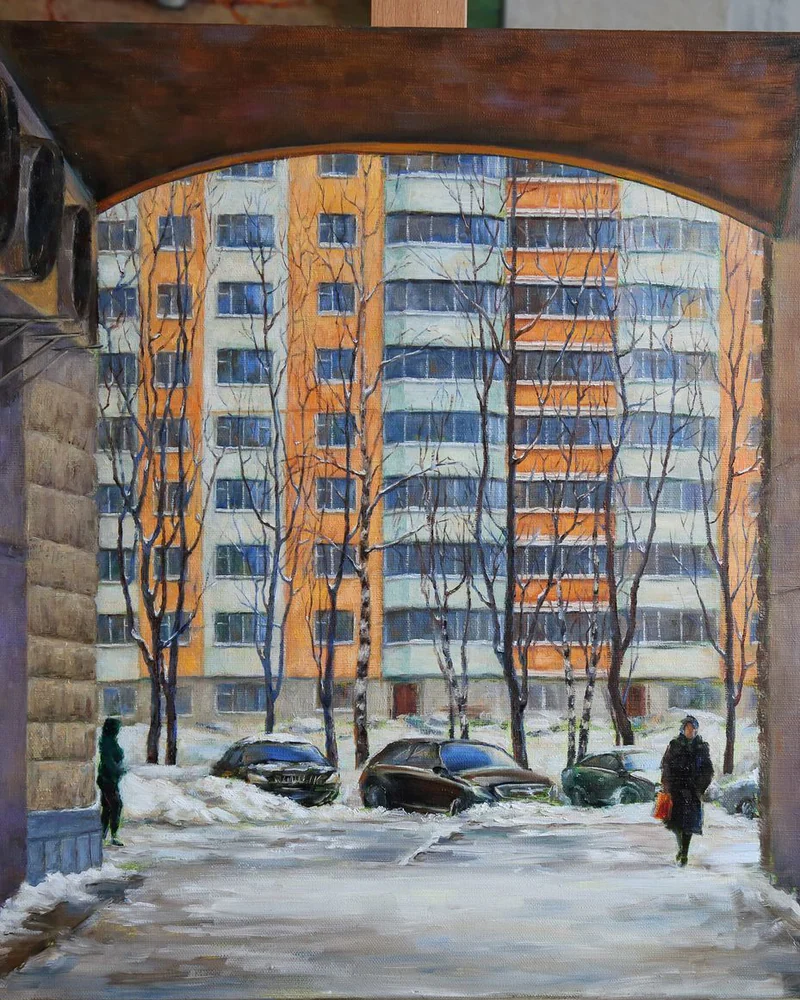 На районе. Арка. Масло, холст