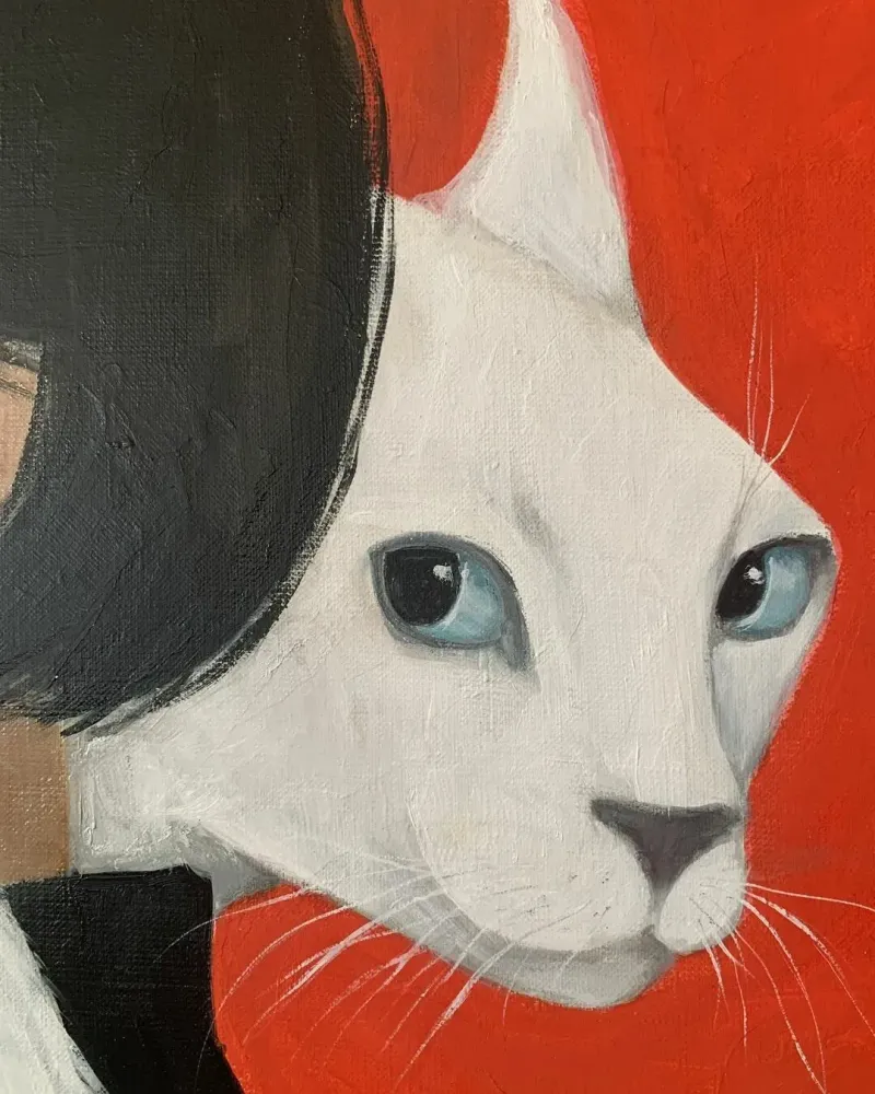 Клоунесса и белый кот. Картина маслом 60×70 см — 60×70 см