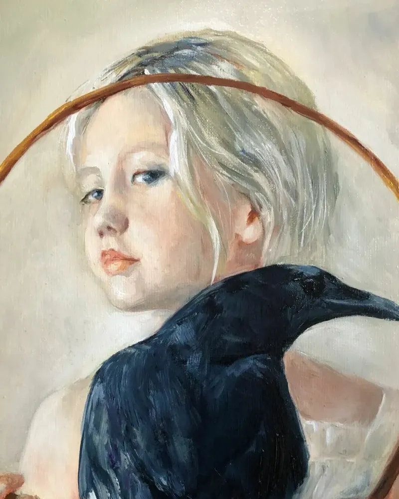 Девочка и ворон. Картина маслом 40×50 см — 40×50 см
