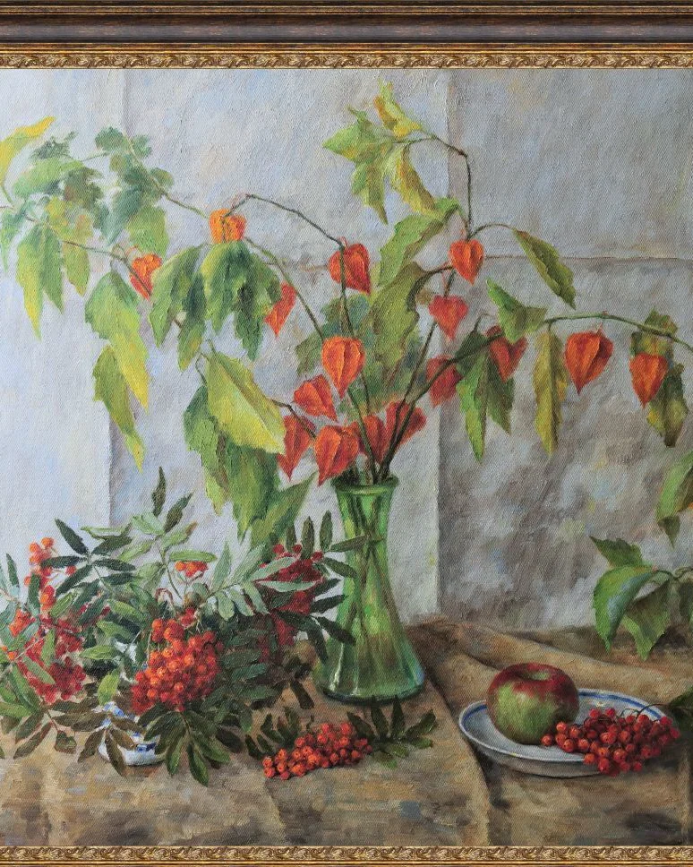 Рябина и физалис. Картина маслом