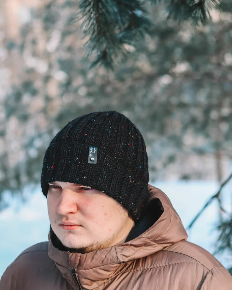 Шапка мужская твидовая, Вязаная шерстяная черная шапка с отворотом — Чёрный