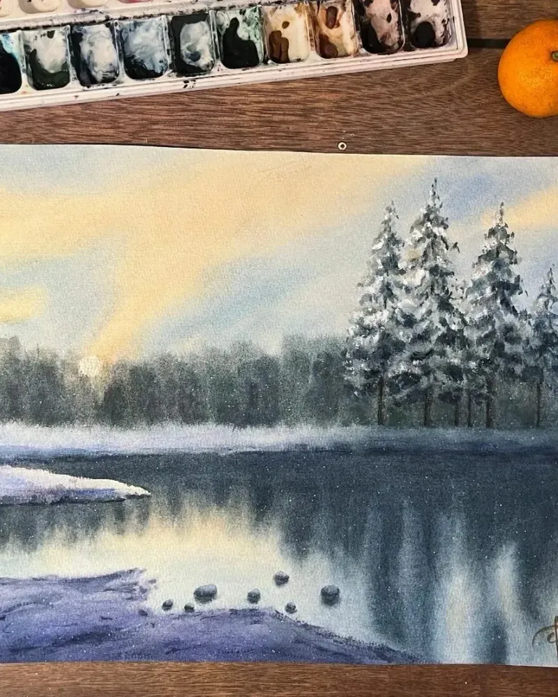 Зимний пейзаж с рекой. Акварель — 30×42 см