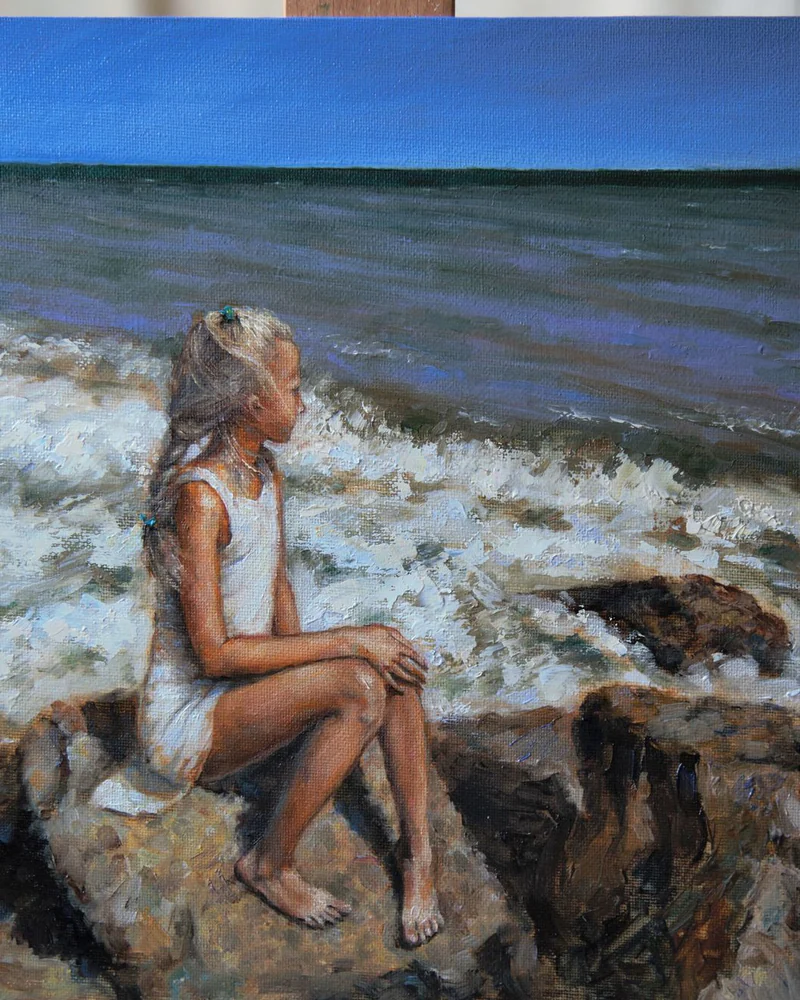 Девочка и море. Масло, холст на оргалите. 30х30 см