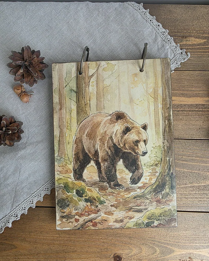 Деревянный блокнот А5 на кольцах в клетку — Bear