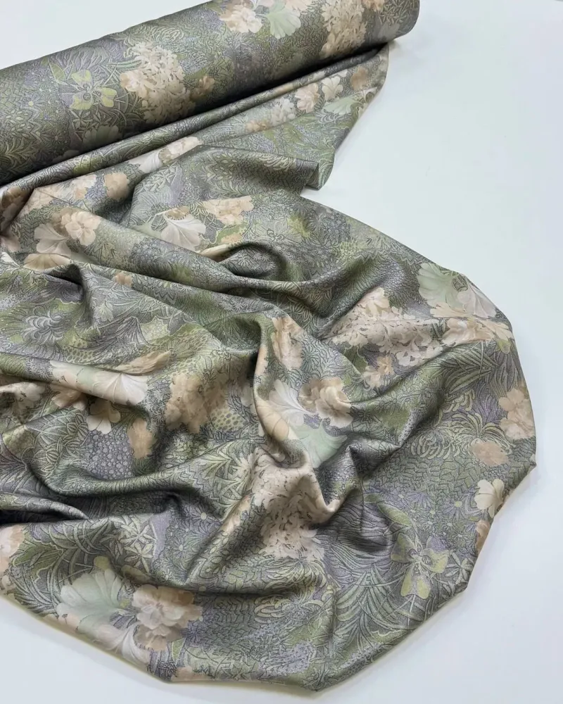 Постельное бельё из тенселя с хлопком с рисунком, 300ТС — Цветы на серо-зелёном