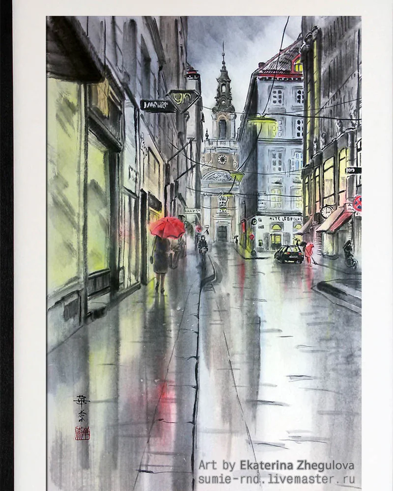 Картина Венский дождь 40x60 красный зонт