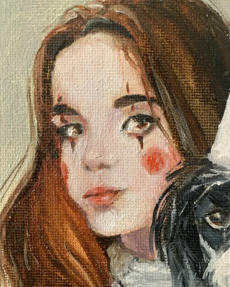 Клоунесса и верный друг. Картина маслом 20×20 см — 20×20 см