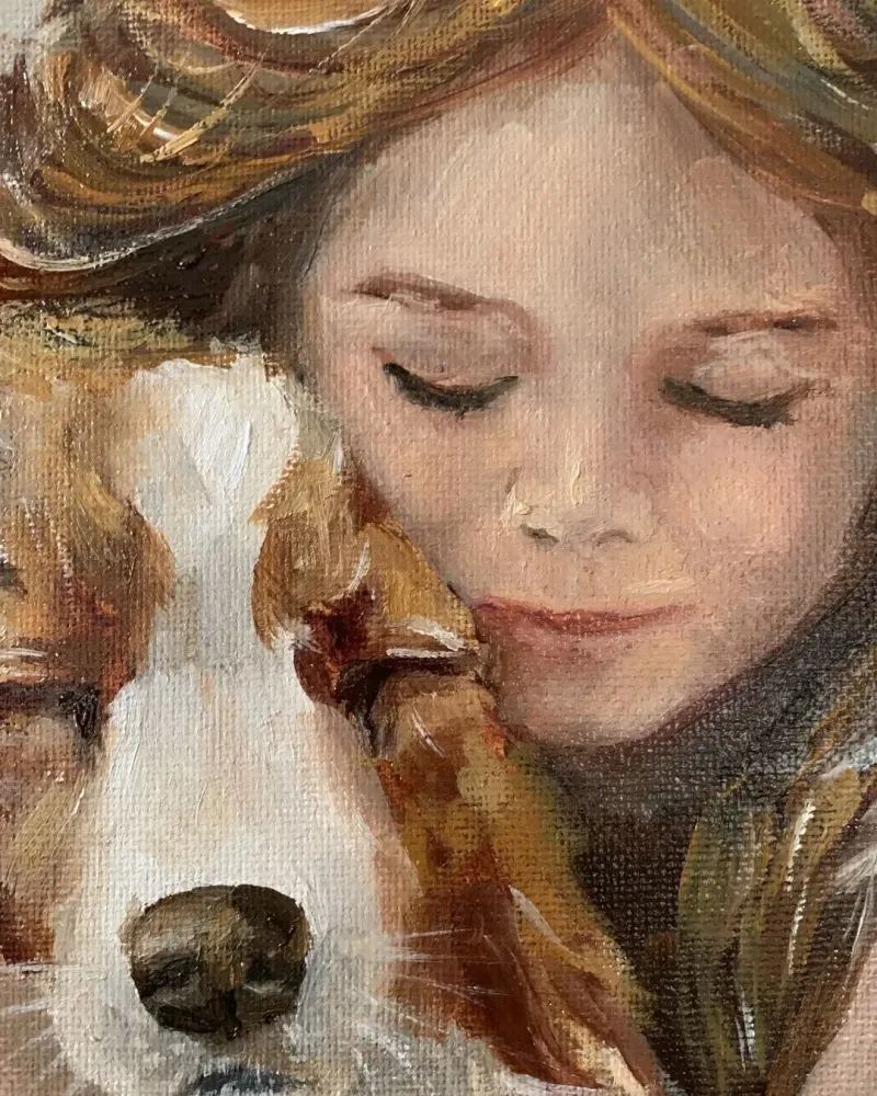 Девочка с собакой. Картина маслом 20×30 см — 20×30 см