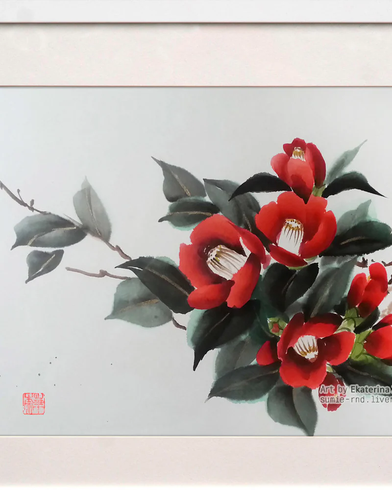 Картина Камелия 50x40 красные цветы Япония Восток Китай