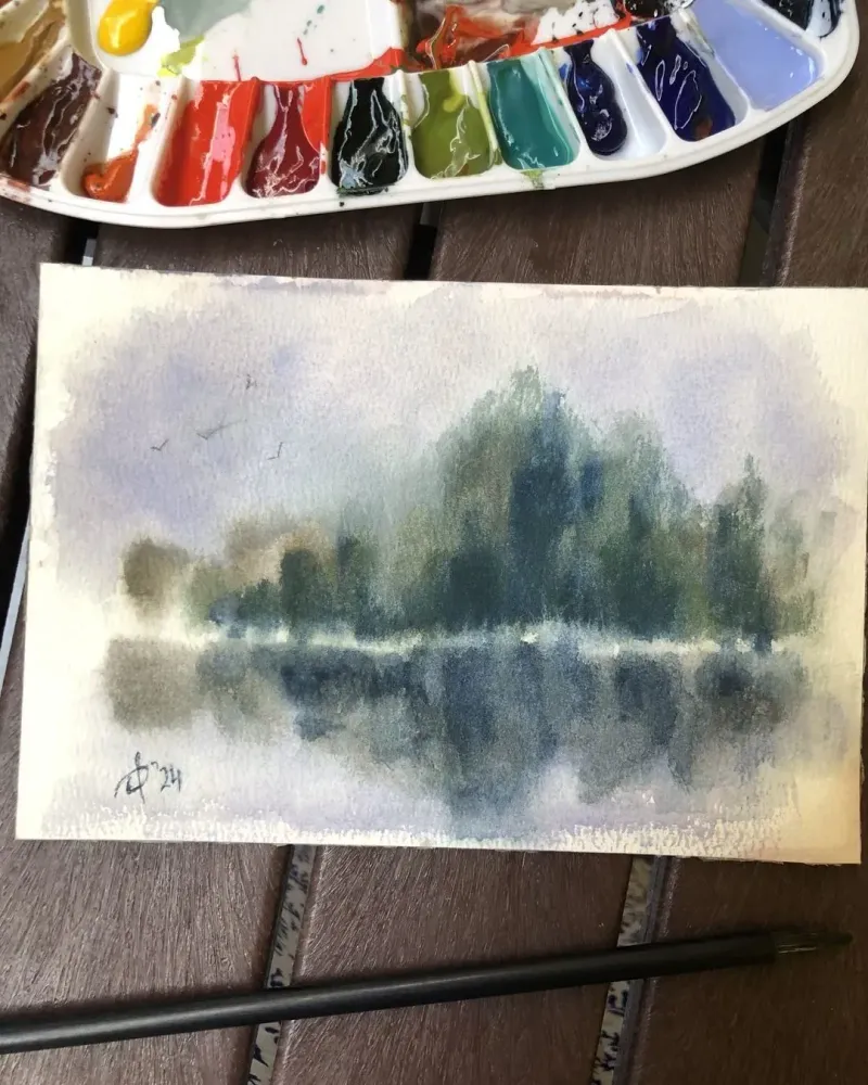 Пейзаж с отражением. Акварель в раме — 13×19 см, в раме