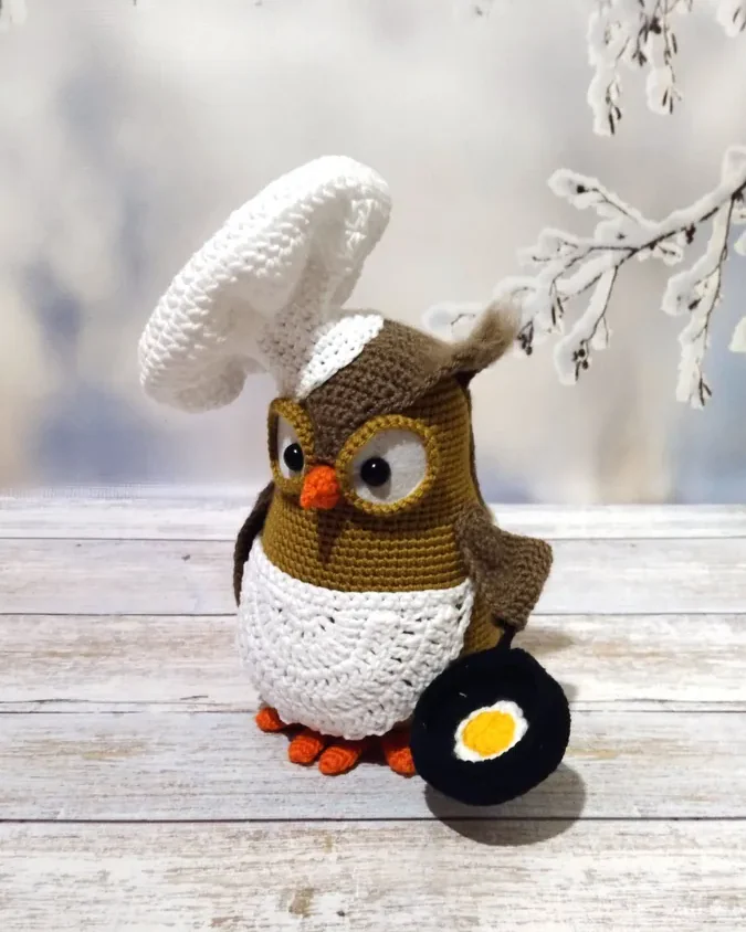 Вязаная игрушка сова повар, мягкая игрушка ручной работы,14+