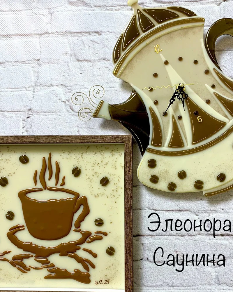 Комплект для кухни фьюзинг Часы и салфетница Кофе со сливками