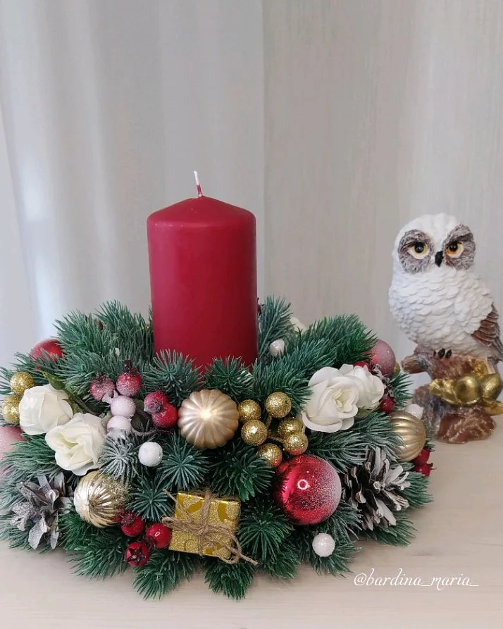 Новогодний подсвечник с хвоей и шарами — Новогодний подсвечник с хвоей и шарами