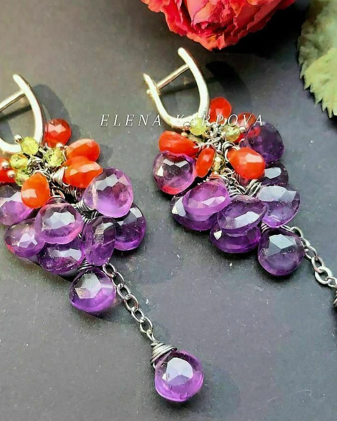 Серьги с натуральными камнями - хризолит, аметист, сердолик