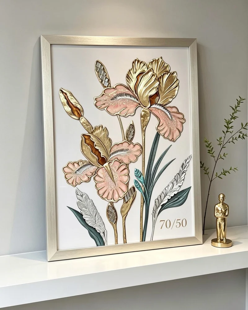 Картина «Ирисы», 50×70 см, на молочном фоне