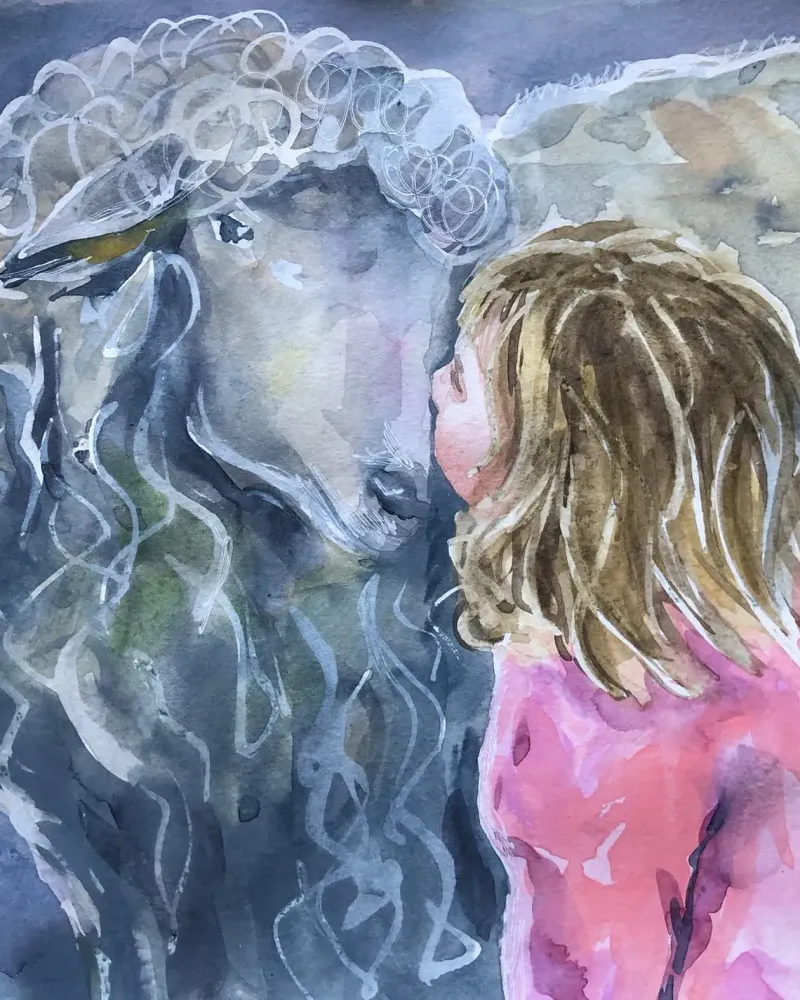Девочка и овечка. Акварель 18×18 см — 18×18 см