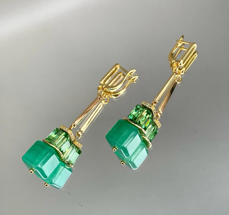 Серьги с зелёным авантюрином и кристаллами Swarovski