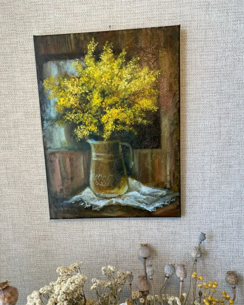 Картина «Жёлтые цветы в стеклянном графине», масло, 30×40 см