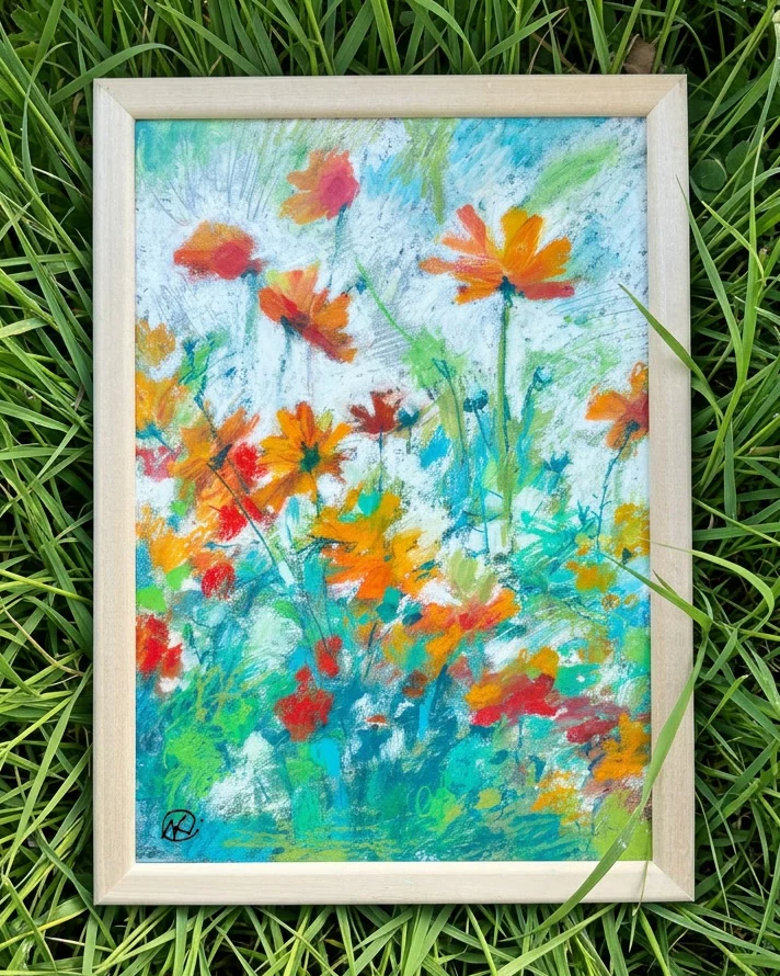 Картина Космеи, масл. пастель, А4