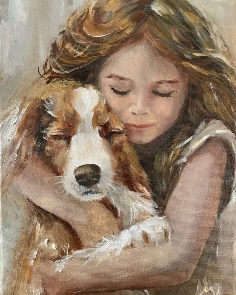 Девочка с собакой. Картина маслом 20×30 см — 20×30 см