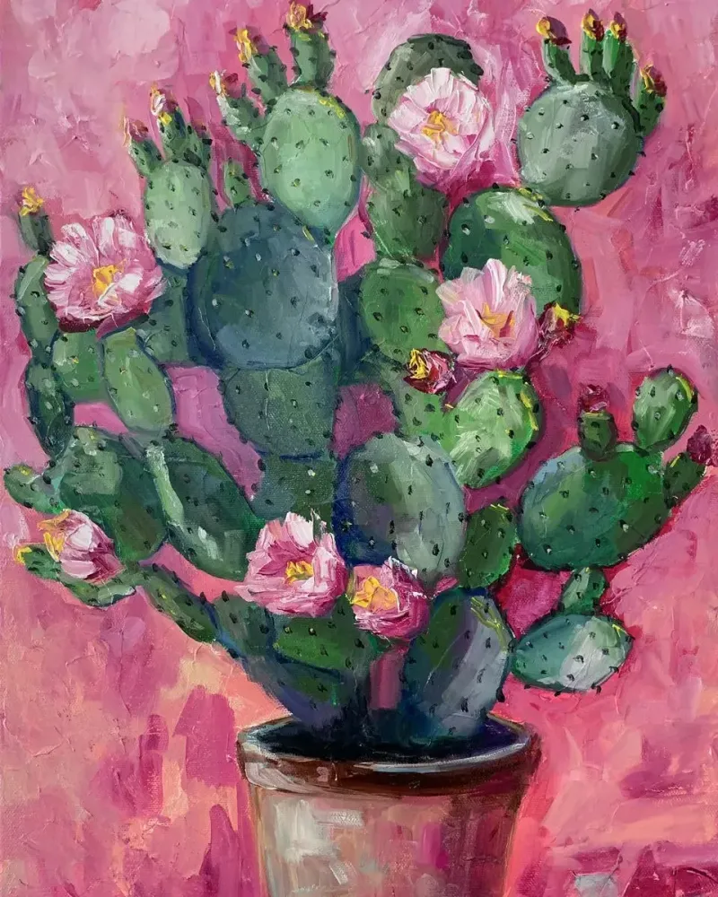 Кактус с цветами. Картина маслом 40×60 см — 40×60 см
