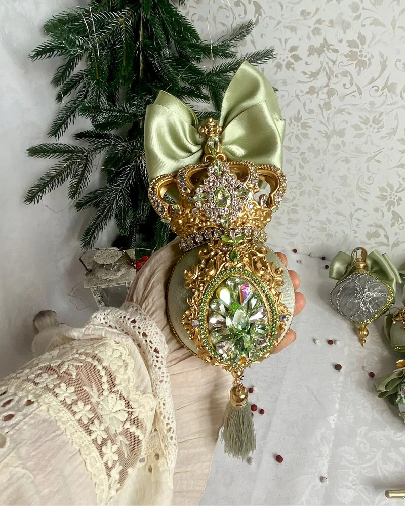 Набор ёлочных игрушек «Серебряный лес» с макушкой, цвет мха — Основной