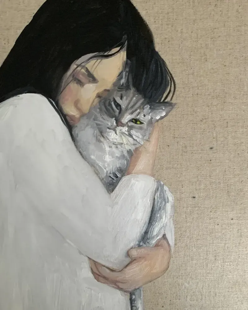 Девушка и кот. Картина маслом 23×29 см — 23×29 см