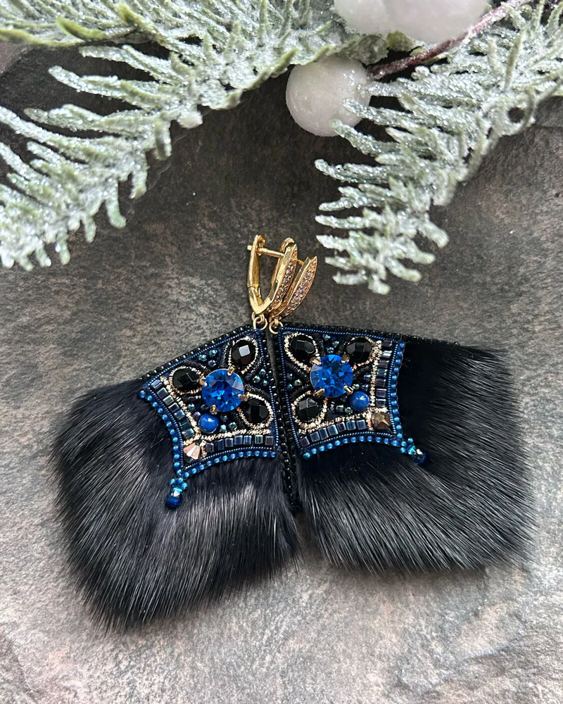 Серьги с мехом норки, синий