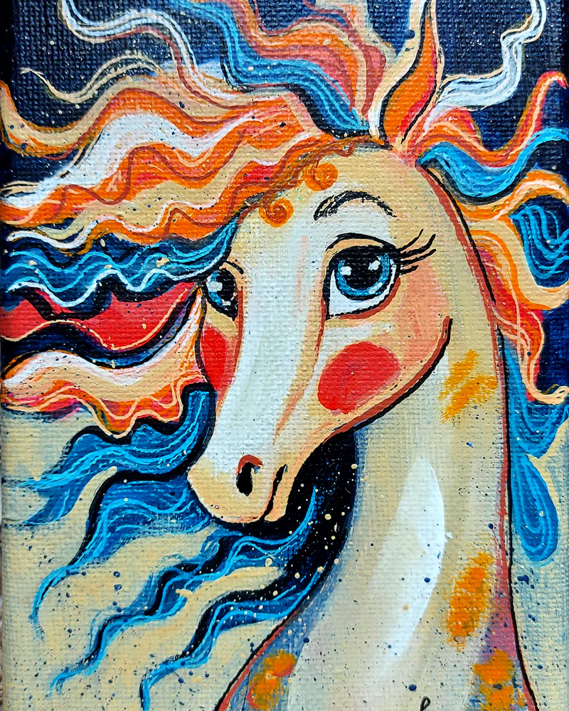 «Конь-огонь» — яркая лошадка, акрил, 10×15 см