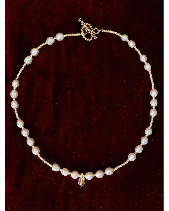 Жемчужное колье — персиковое с золотистой каплей Swarovski