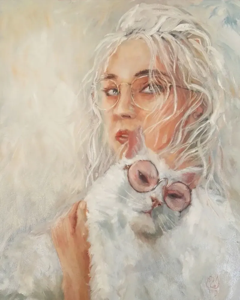 Девушка с котом. Картина маслом 50×60 см — 50×60 см