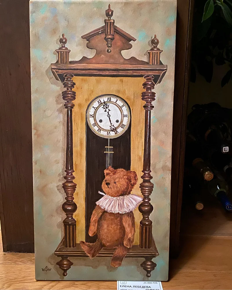 Картина маслом 30×60 “Five o ‘clock” (мишка и часы) — Оригинал