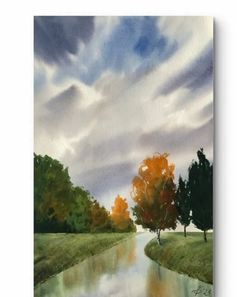 Осенний пейзаж акварелью — 24×37 см