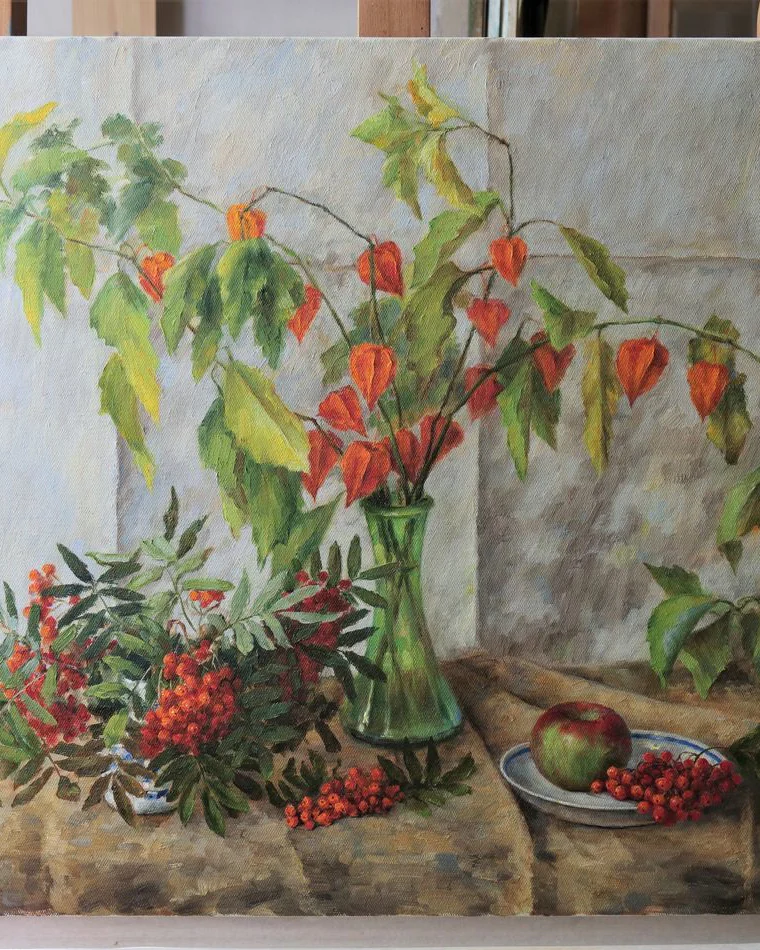 Рябина и физалис. Картина маслом