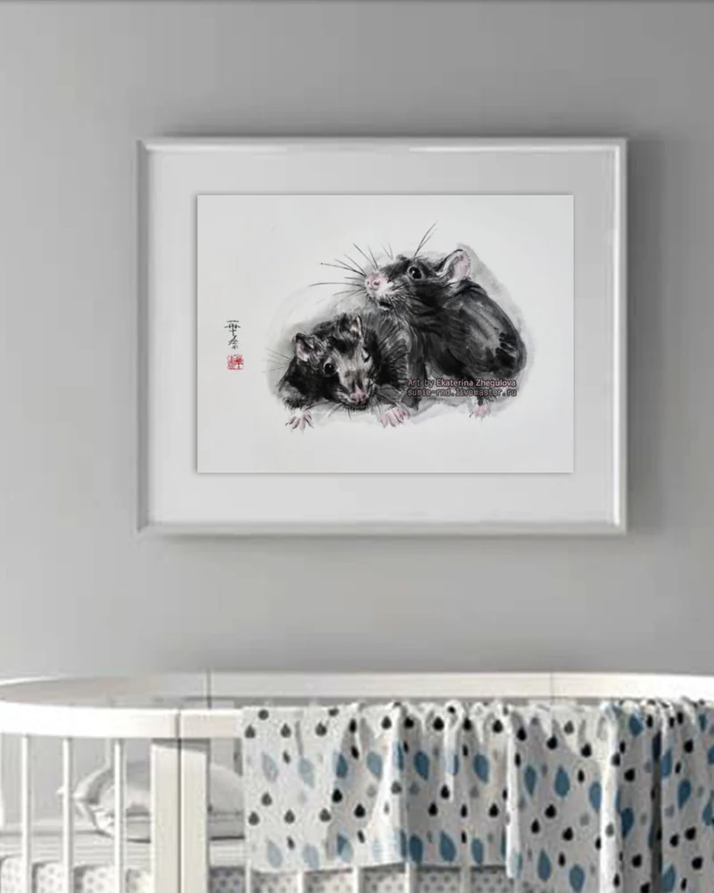 Картина в детскую Крыски 45x33 пара крыс милый любопытный