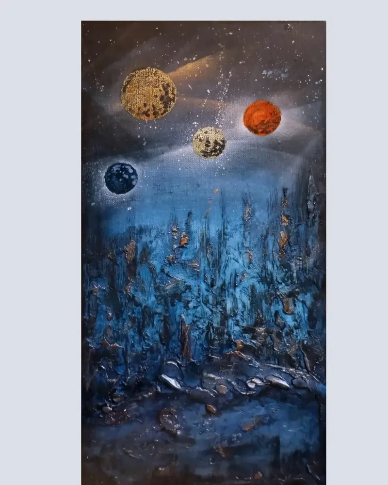 Фактурная картина «Многолуние» в синих тонах — 20×40 см