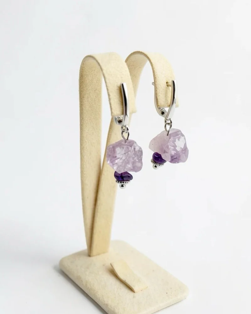 Серьги классические из кварца и аметиста. Сила стихии — фиолетовые