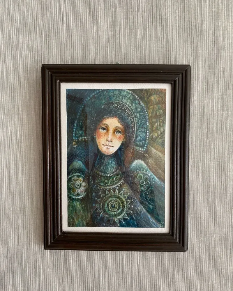 «Дева-птица», масляная пастель, в раме 24×18 см