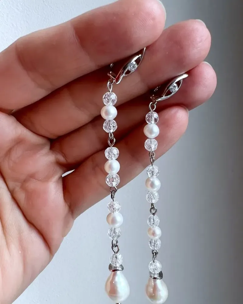 Длинные серьги из кварца, речного культивированного барочного жемчуга — Основной
