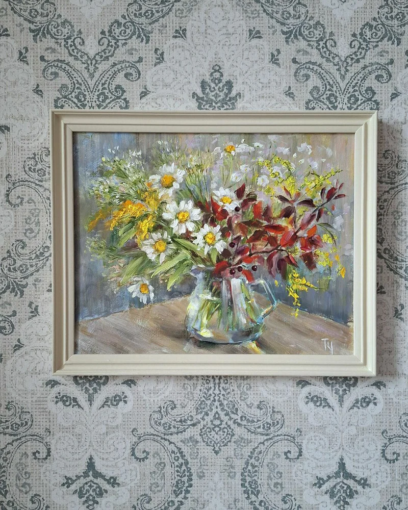 Букет в стеклянном чайничке. Картина маслом