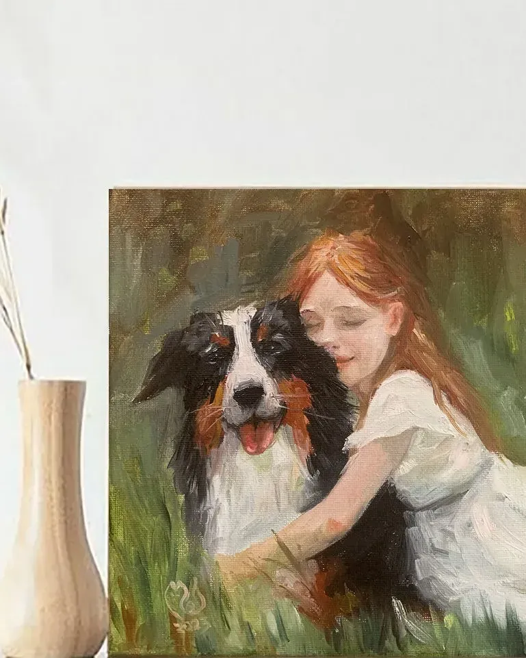 Девочка с собакой. Картина маслом 20×20 см — 20×20 см