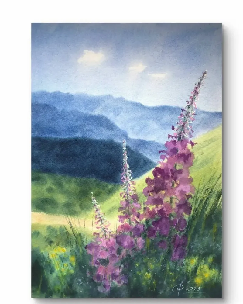 Горный пейзаж с иван-чаем. Акварель — 30×42 см