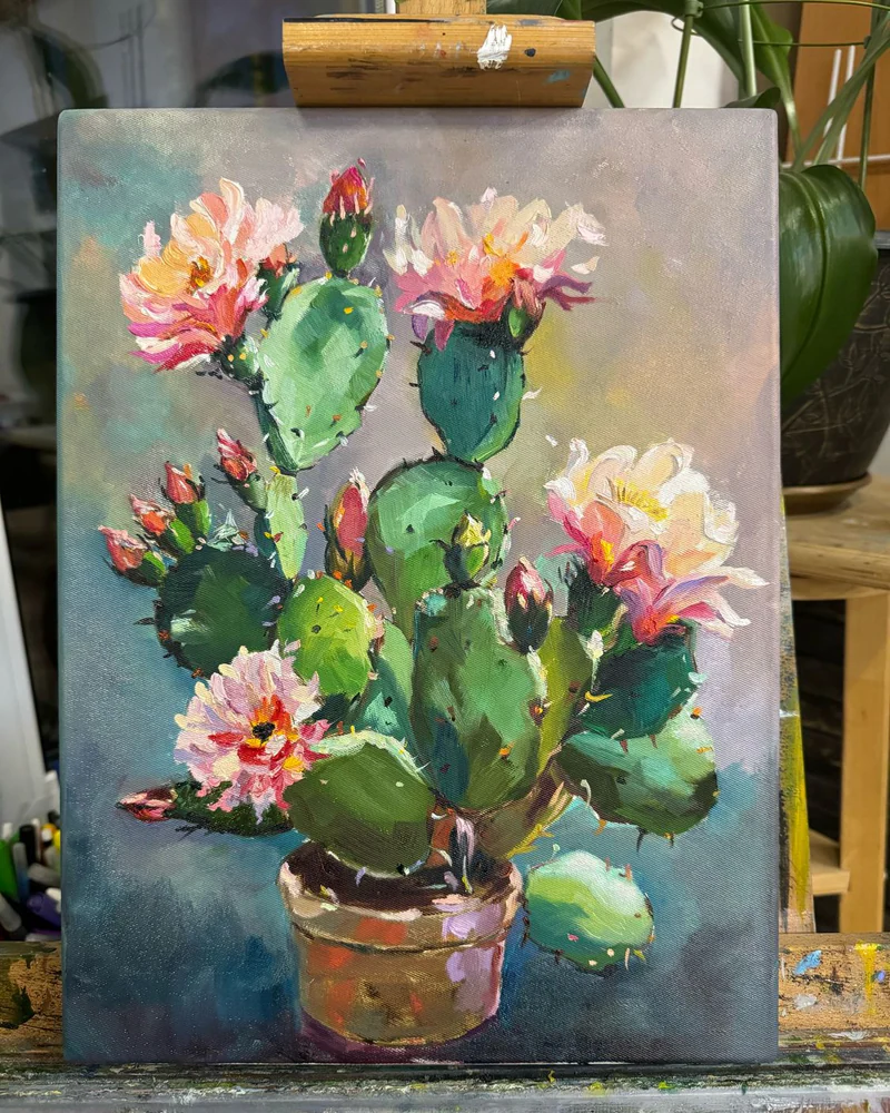 Картина маслом цветы. Кактусы. 30×40 см — Оригинал
