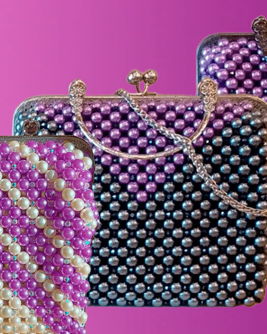Сумочка на фермуаре с диагональным узором — Сиреневая и белая