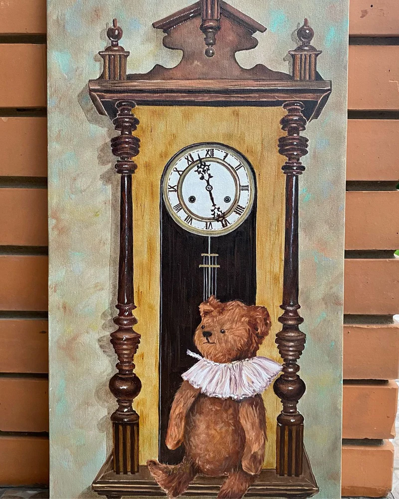 Картина маслом 30×60 “Five o ‘clock” (мишка и часы) — Оригинал