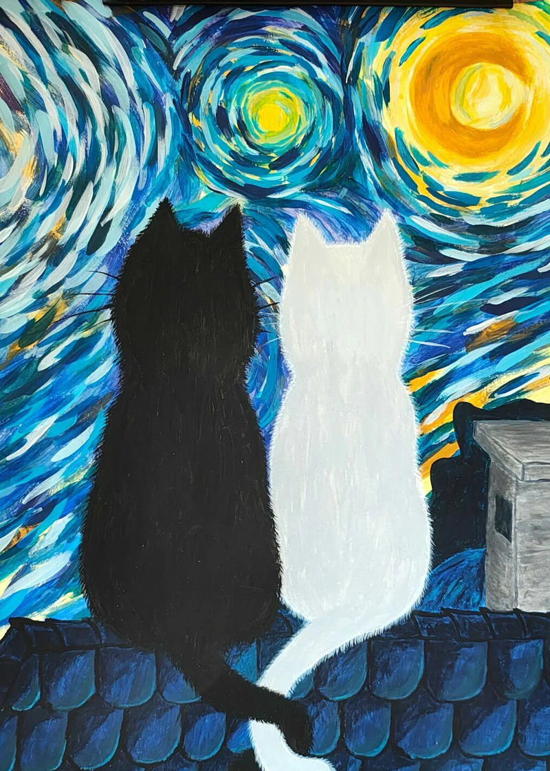 Звёздная кошачья ночь. 29,5×42 см. Акрил, бумага