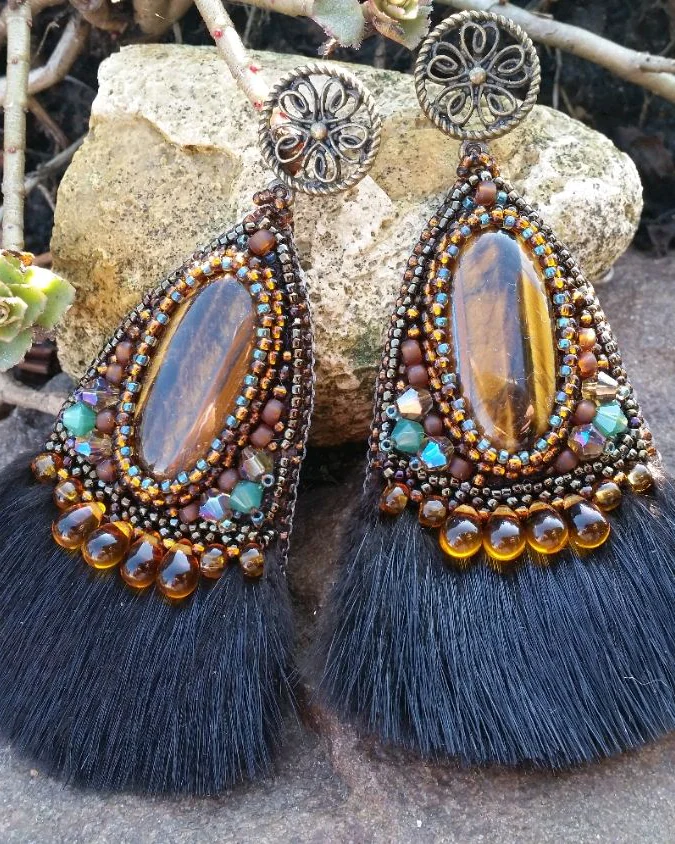 Меховые серьги с тигровым глазом, коричневый