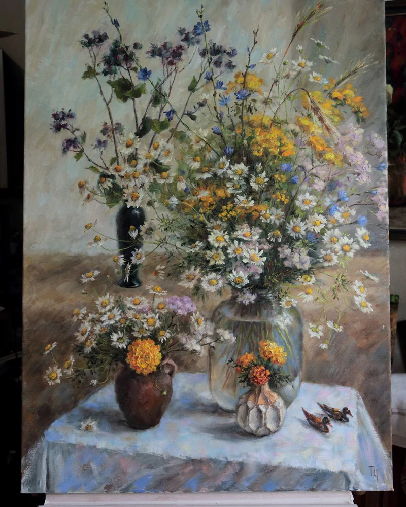 Натюрморт с уточками. Большая картина маслом вертикальная