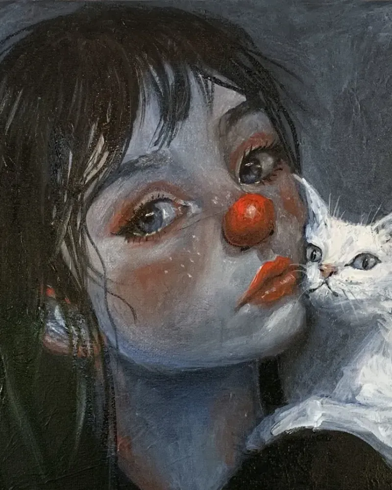 Юная клоунесса с котом. Картина маслом 30×40 см — 30×40 см