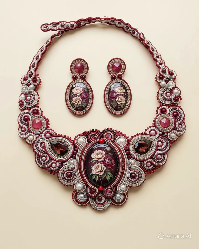 Колье и серьги — бордовый